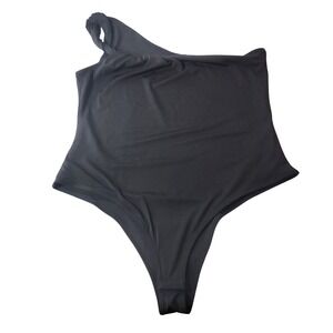 HM One Shoulder Bodysuit Black Twisted Strap Thong Snap Closure Large